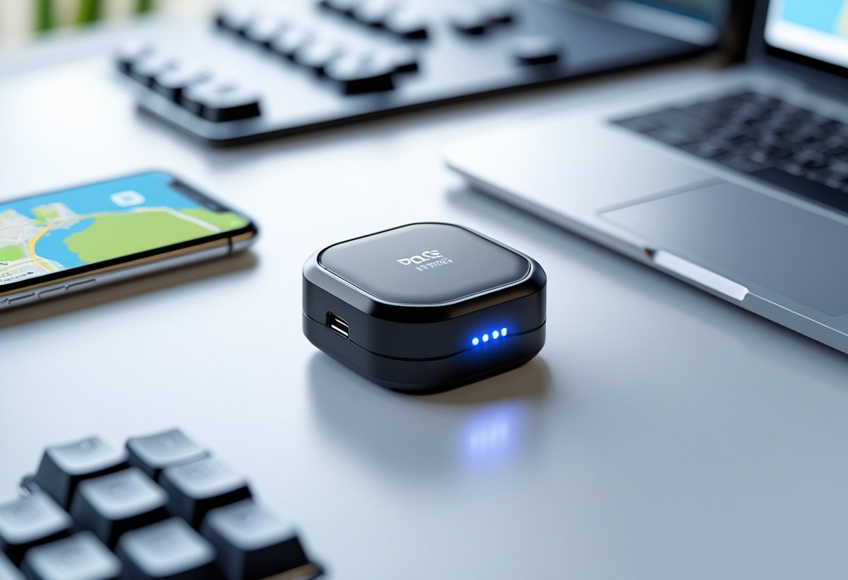 A small black mini GPS tracking device on a white surface with a smartphone, keys, and a laptop keyboard blurred in the background.