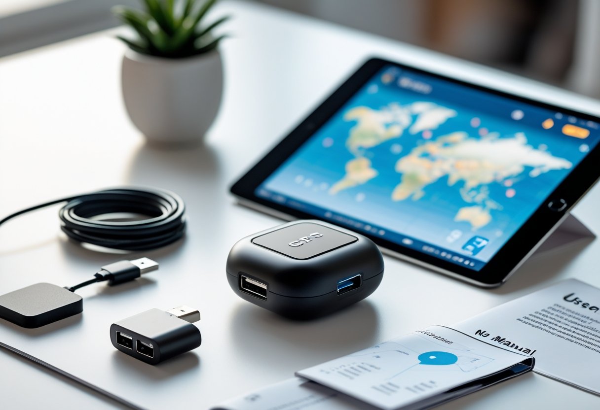 A GPS tracker device with accessories on a white desk in front of a digital tablet displaying a blurred map.