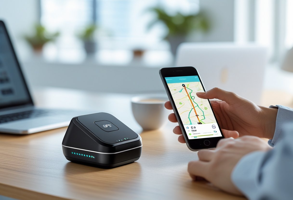 A GPS tracker device on a desk next to a smartphone showing a map, with a hand interacting with the phone in a bright office setting.