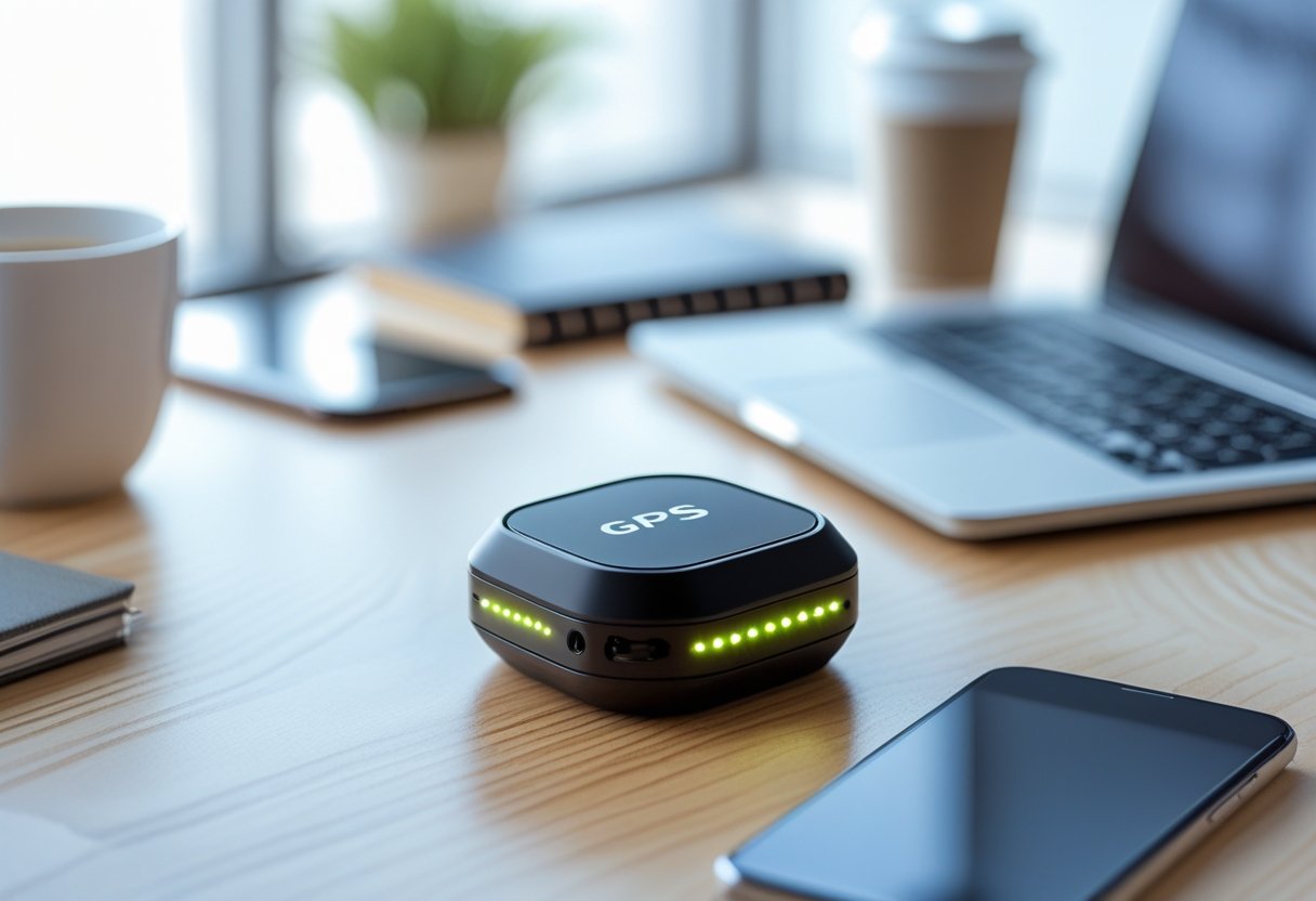 A GPS tracking device on a wooden desk next to a smartphone and laptop in a bright office setting.