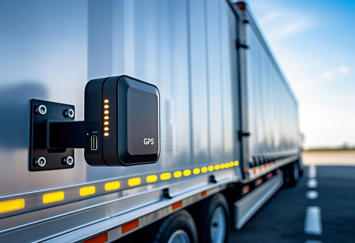 A GPS trailer tracker device mounted on the side of a cargo trailer in an industrial outdoor setting.
