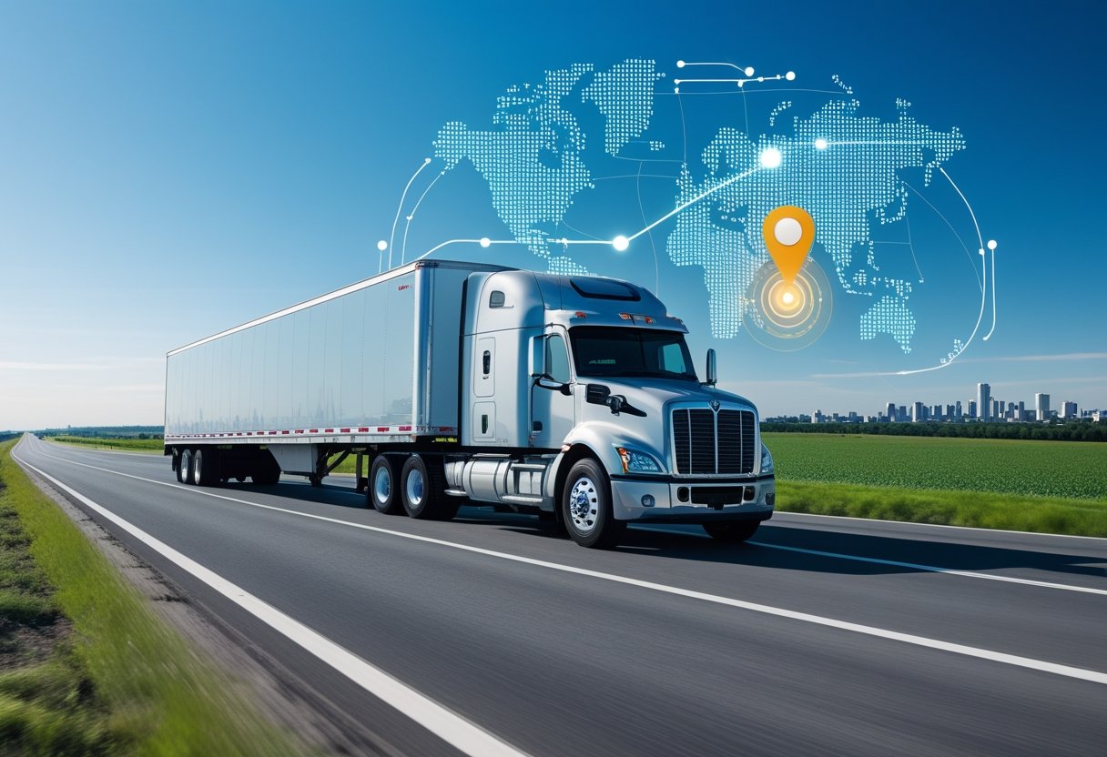 A semi-truck with a trailer driving on a highway with a digital map and location pin overlay indicating GPS tracking.