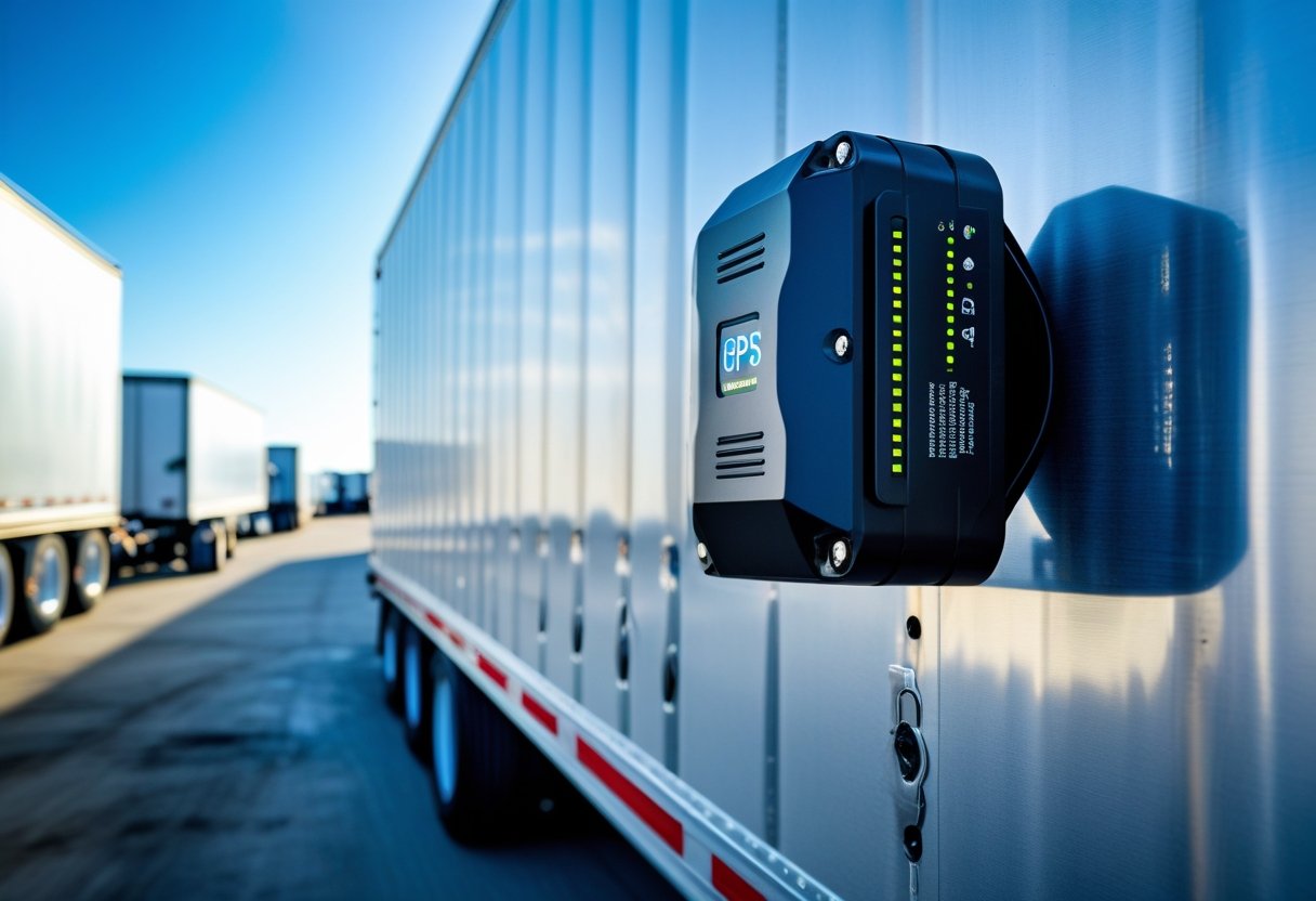 A GPS trailer tracker device mounted on the side of a commercial trailer in a logistics yard.