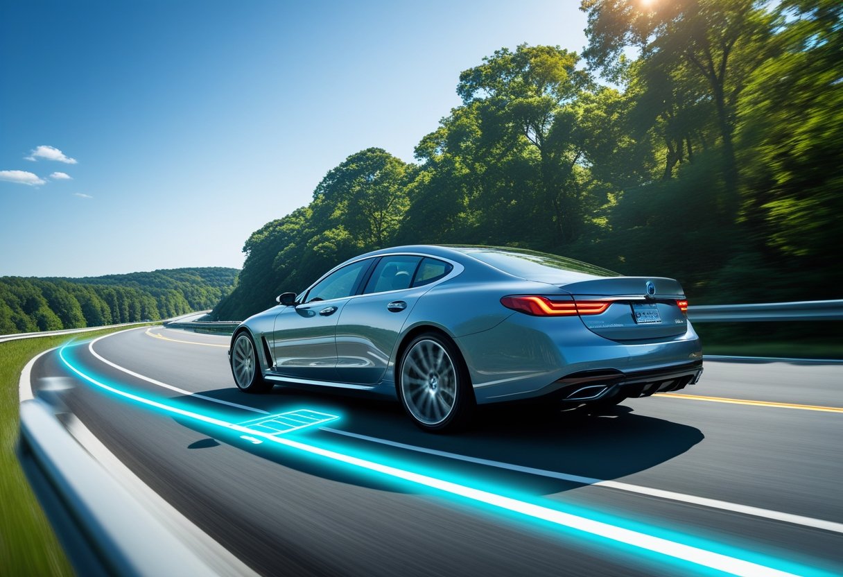 A modern car driving on a highway with a digital map overlay showing its tracked location.