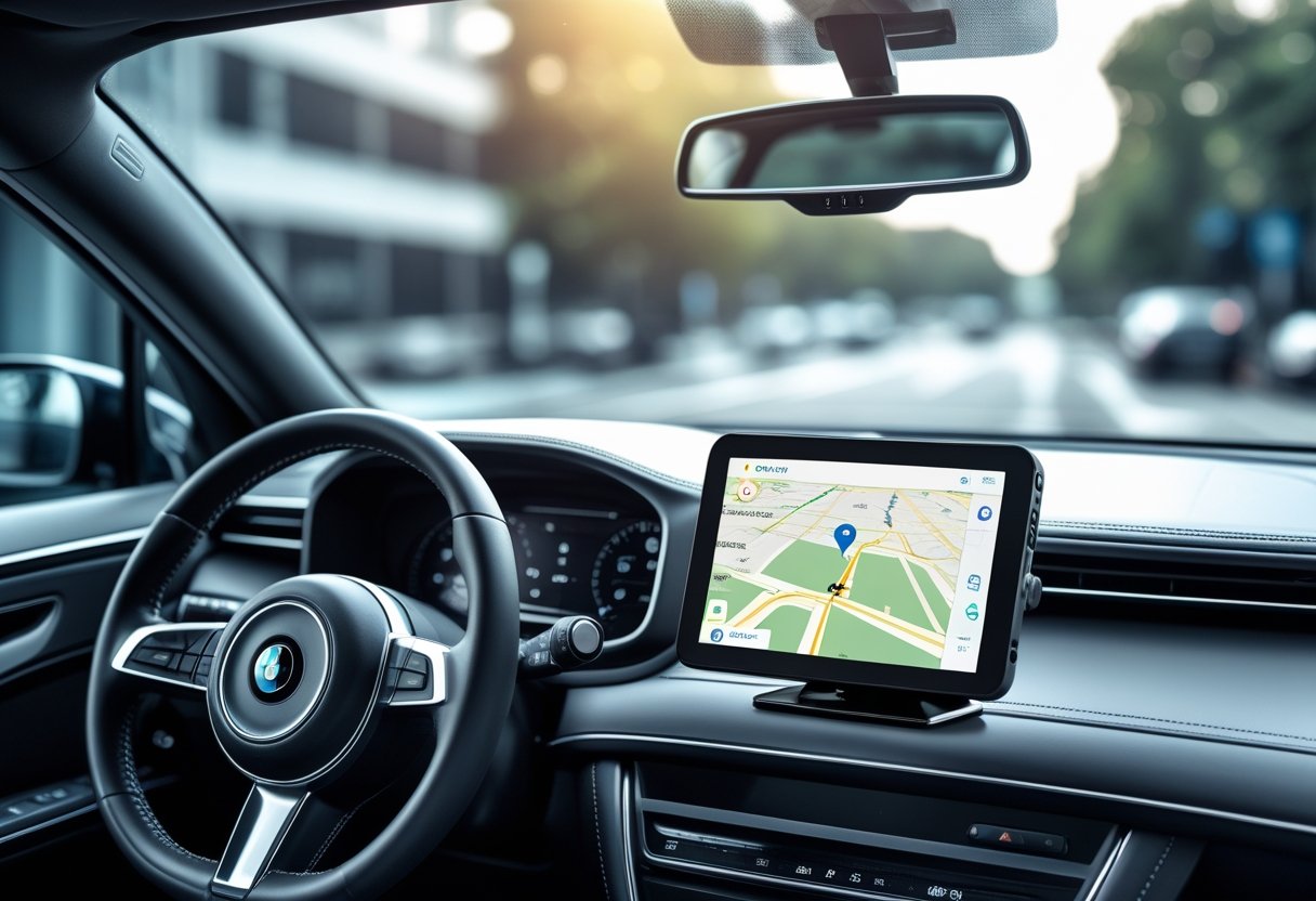 Car interior showing a GPS tracker device on the dashboard with a map and car location displayed.