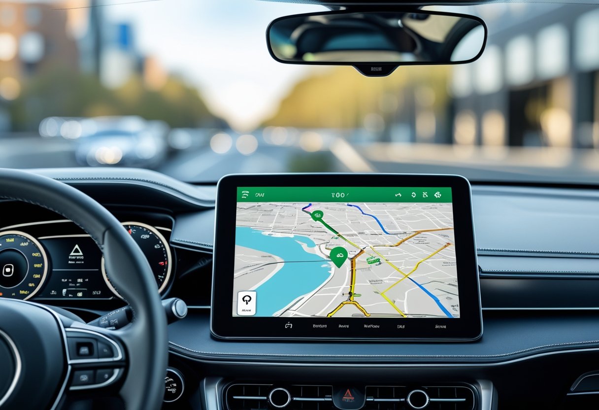 Car dashboard showing a real-time GPS tracker map on a touchscreen with a moving car icon and route lines.