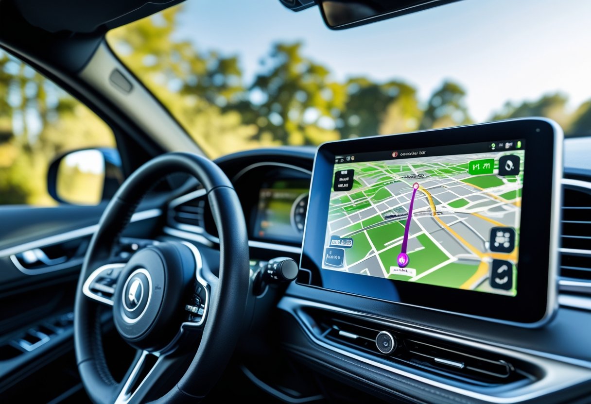 Car dashboard with a GPS navigation system showing a real-time tracking map and route.
