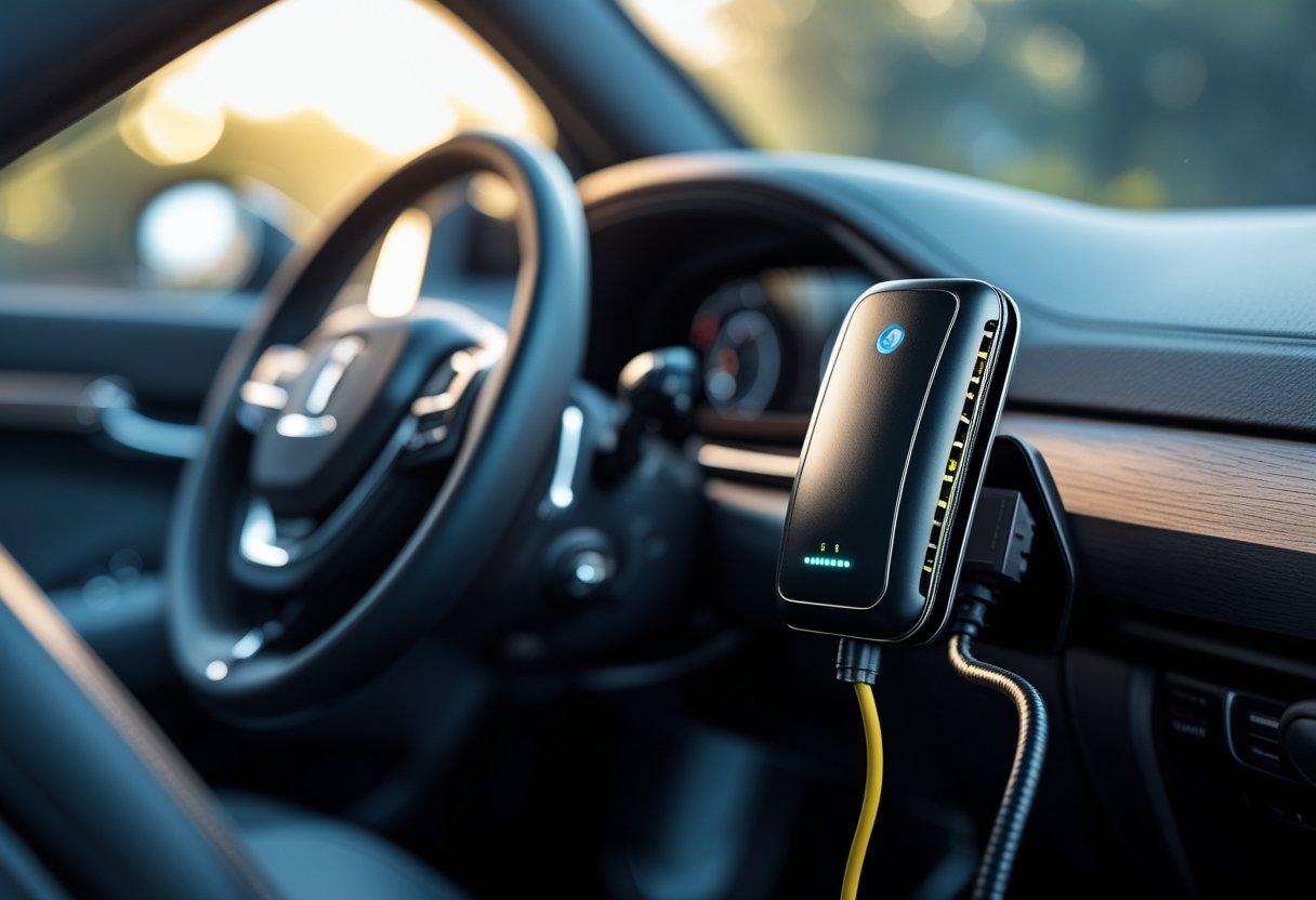 Close-up of a GPS vehicle tracking device installed inside a car with wires connected and a blurred car interior in the background.