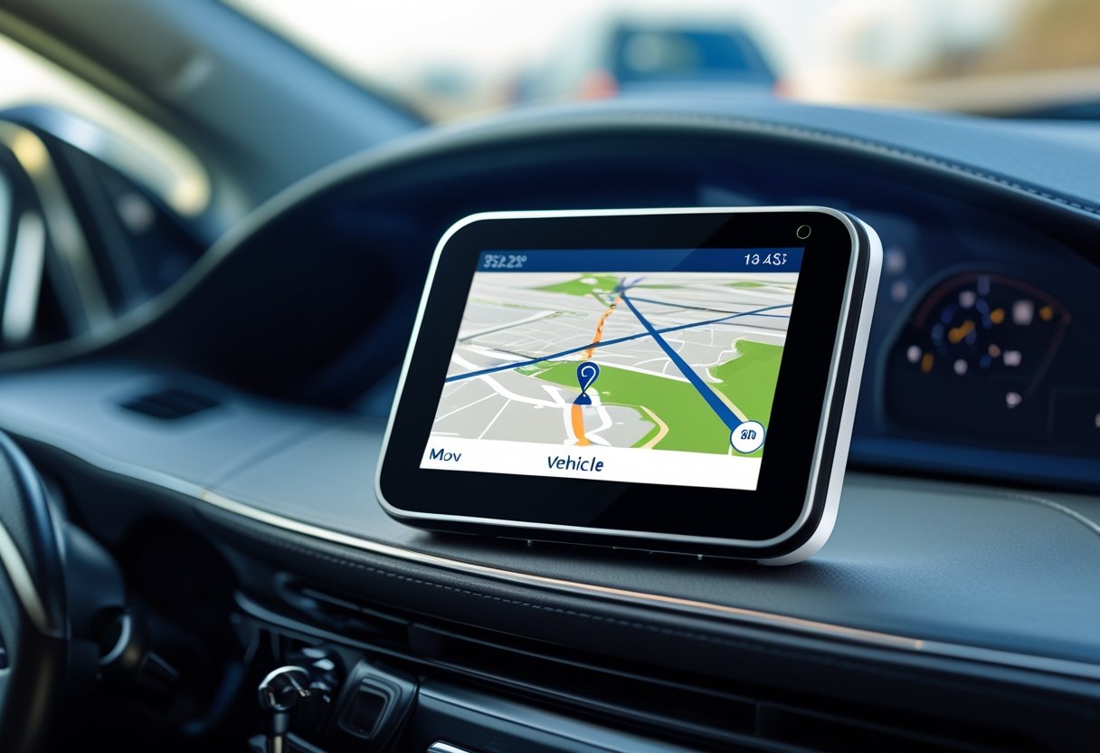 A GPS vehicle tracking device mounted on a car dashboard displaying a map with a vehicle route, with the car interior and a blurred road visible through the windshield.