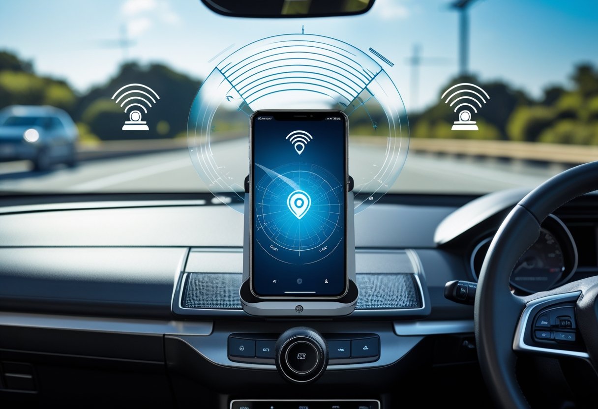 A GPS vehicle tracking device installed inside a car with digital overlays showing satellite signals and a real-time map on a mobile device.