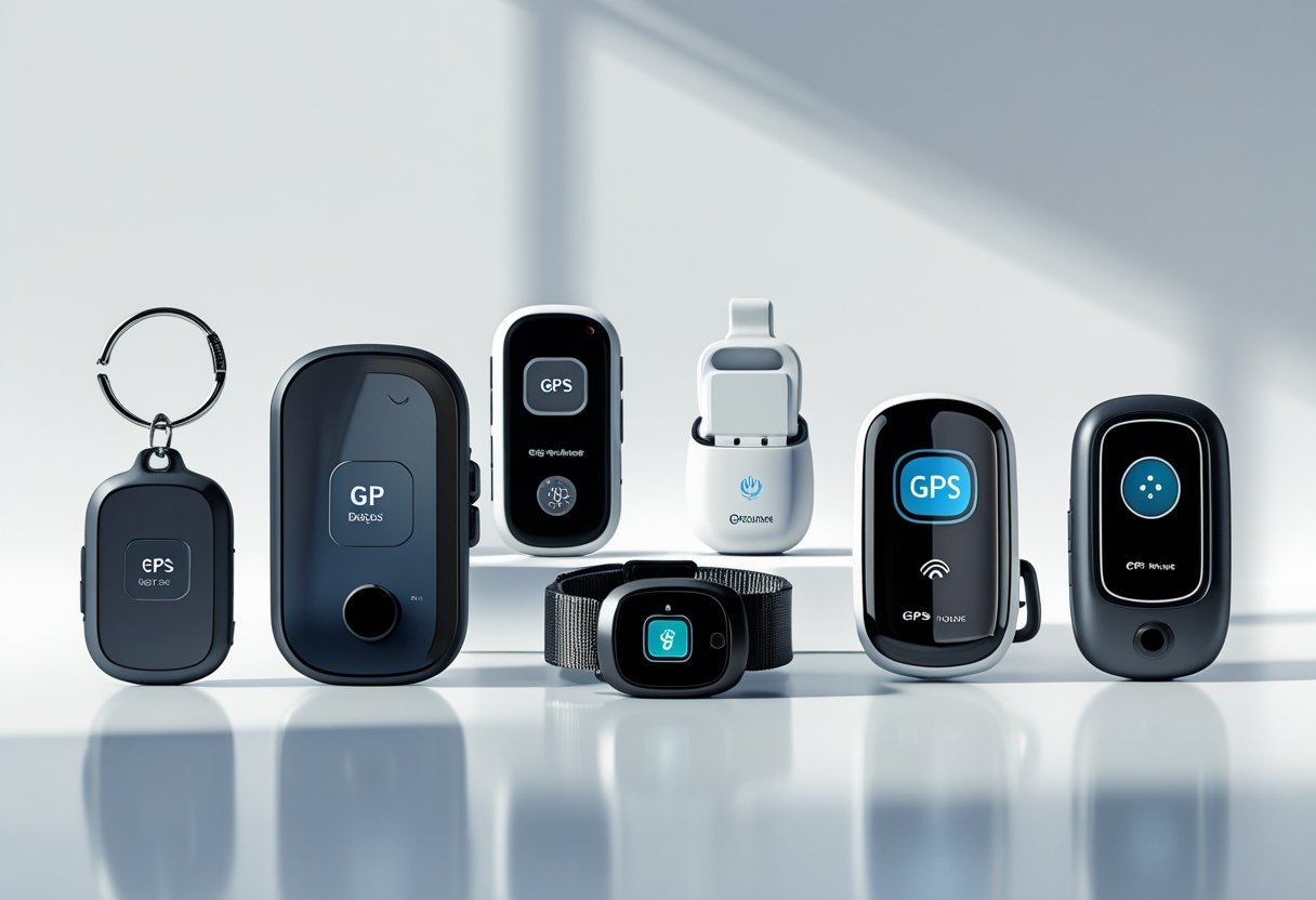 A variety of GPS tracking devices displayed on a white surface, including a keychain tracker, wristband tracker, vehicle GPS device, and pet collar tracker.