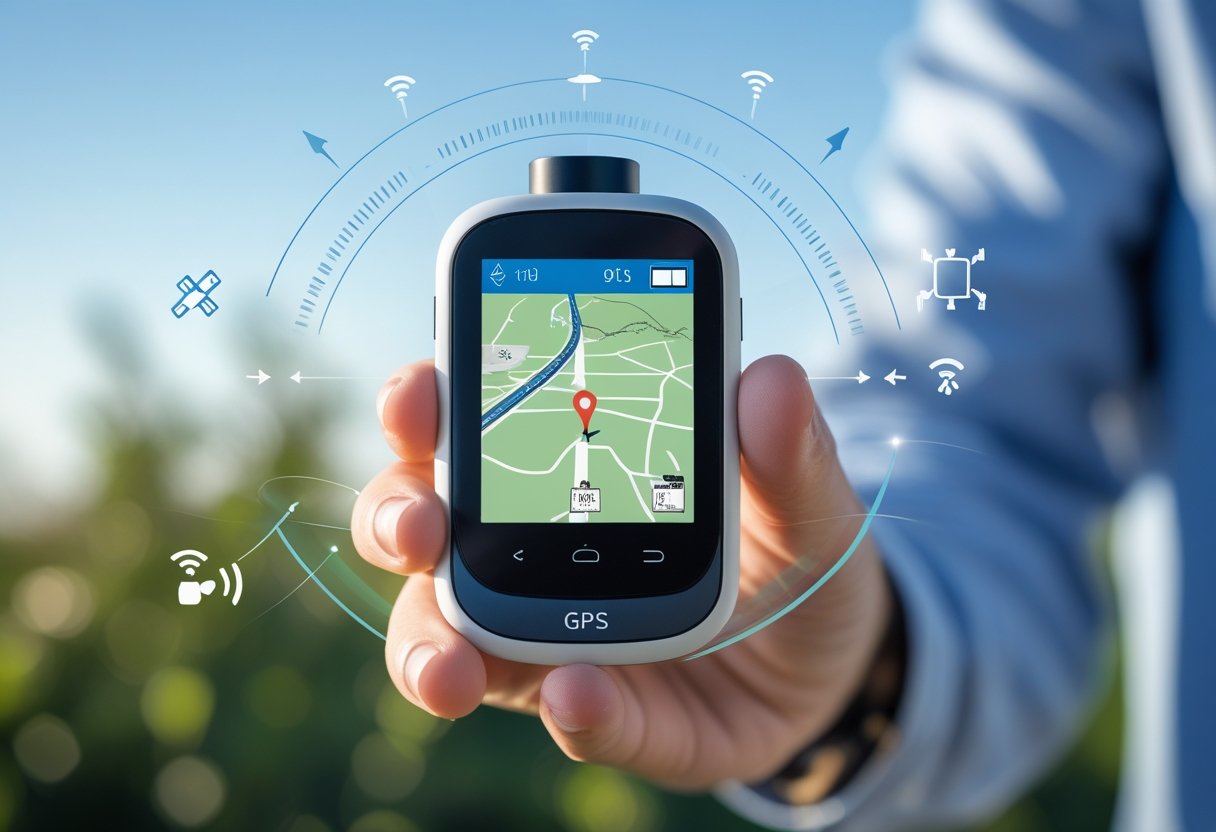 A close-up of a hand holding a GPS tracking device showing a map with a location marker, outdoors with greenery in the background.