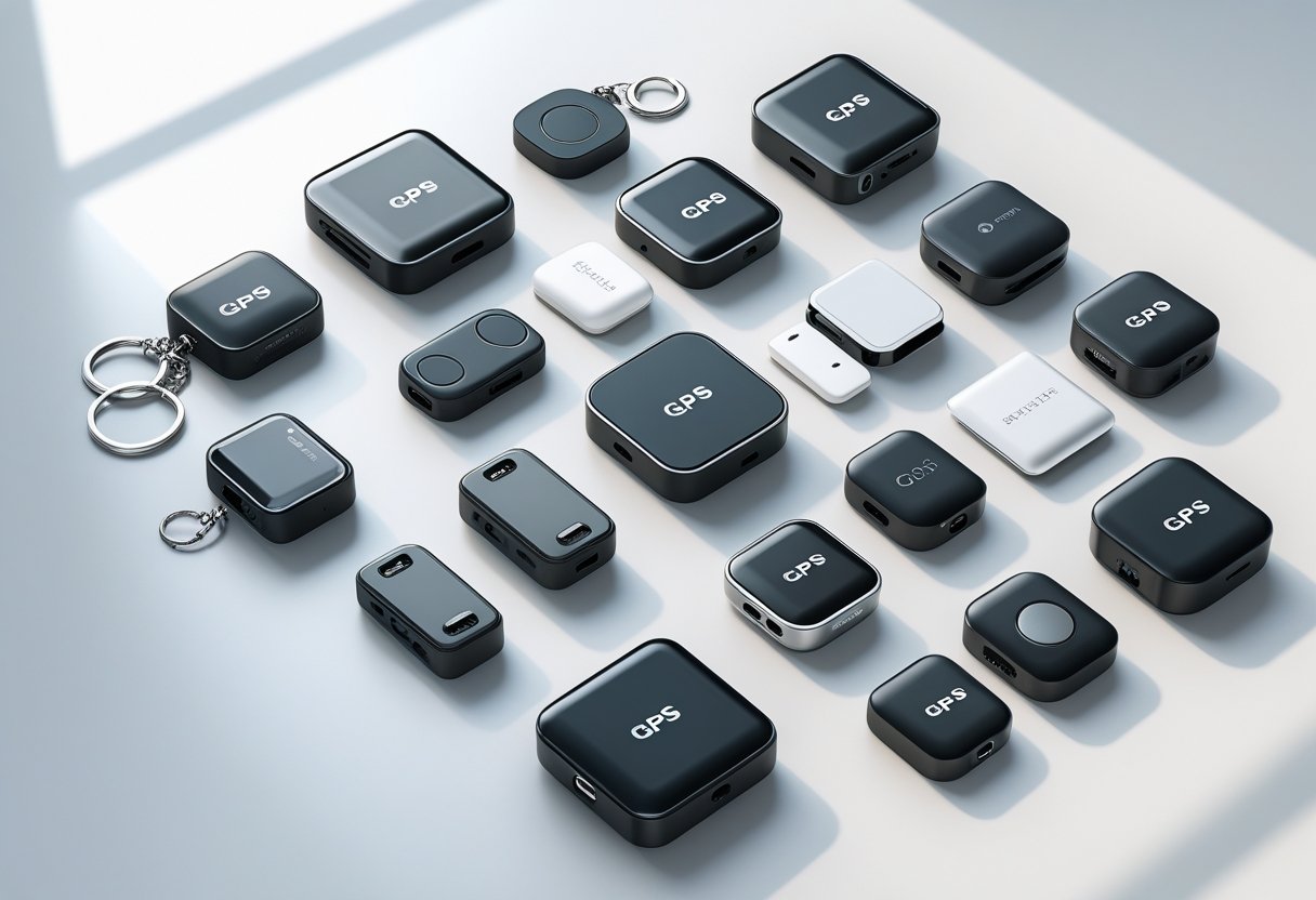 A collection of small GPS tracking devices of various shapes and sizes displayed on a white surface.