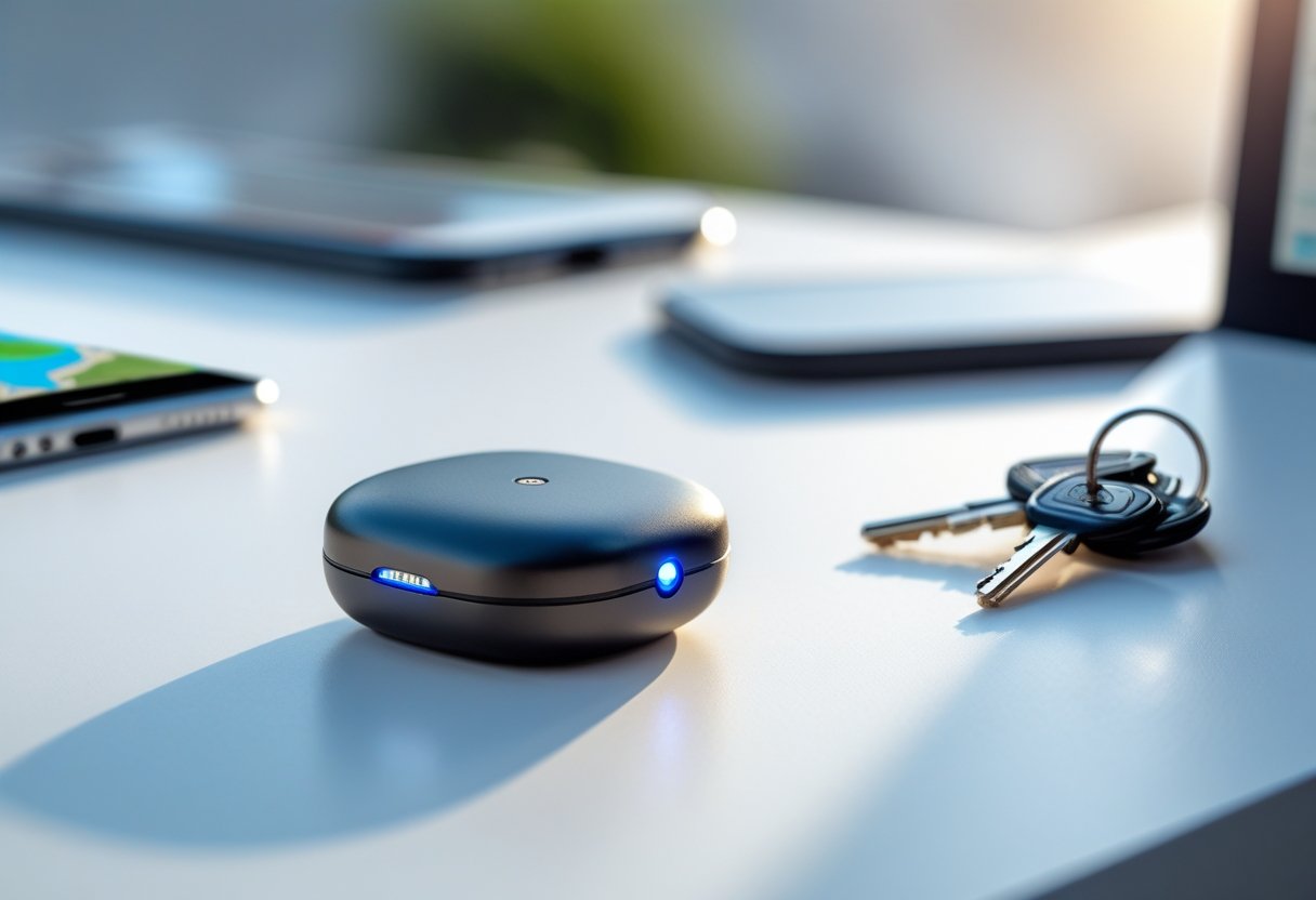A small GPS tracker device placed on a white surface next to a smartphone showing a map and a pair of keys.