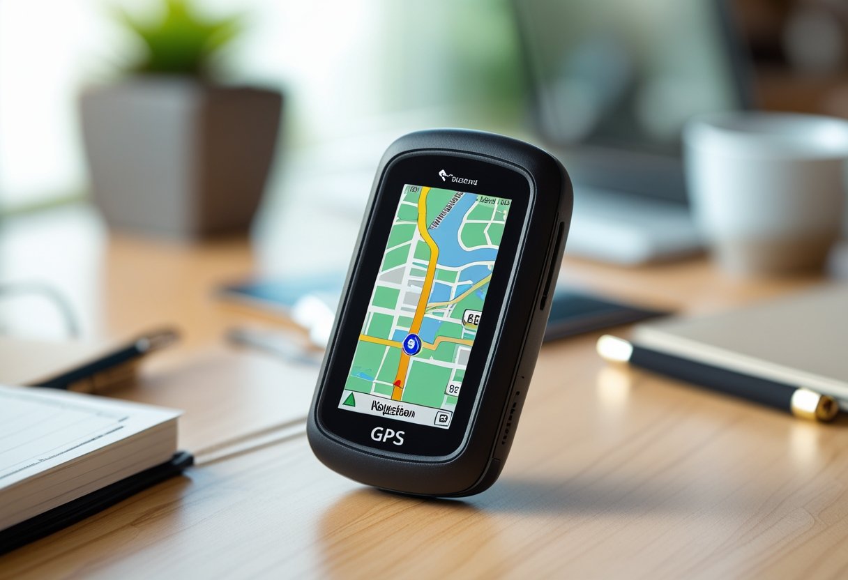 A small GPS device on a wooden desk showing a colorful map on its screen.