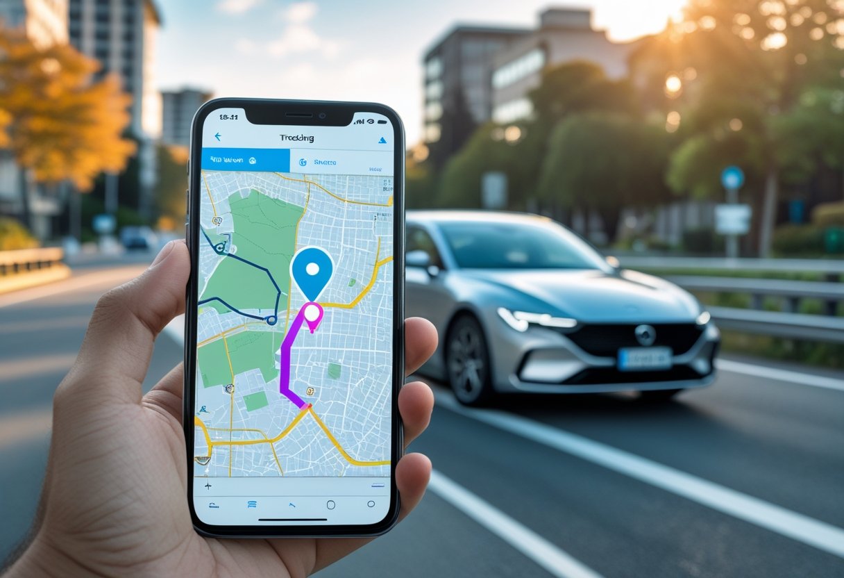 A person holding a smartphone showing a digital map with a route and location pin, a car driving on a road in the background.
