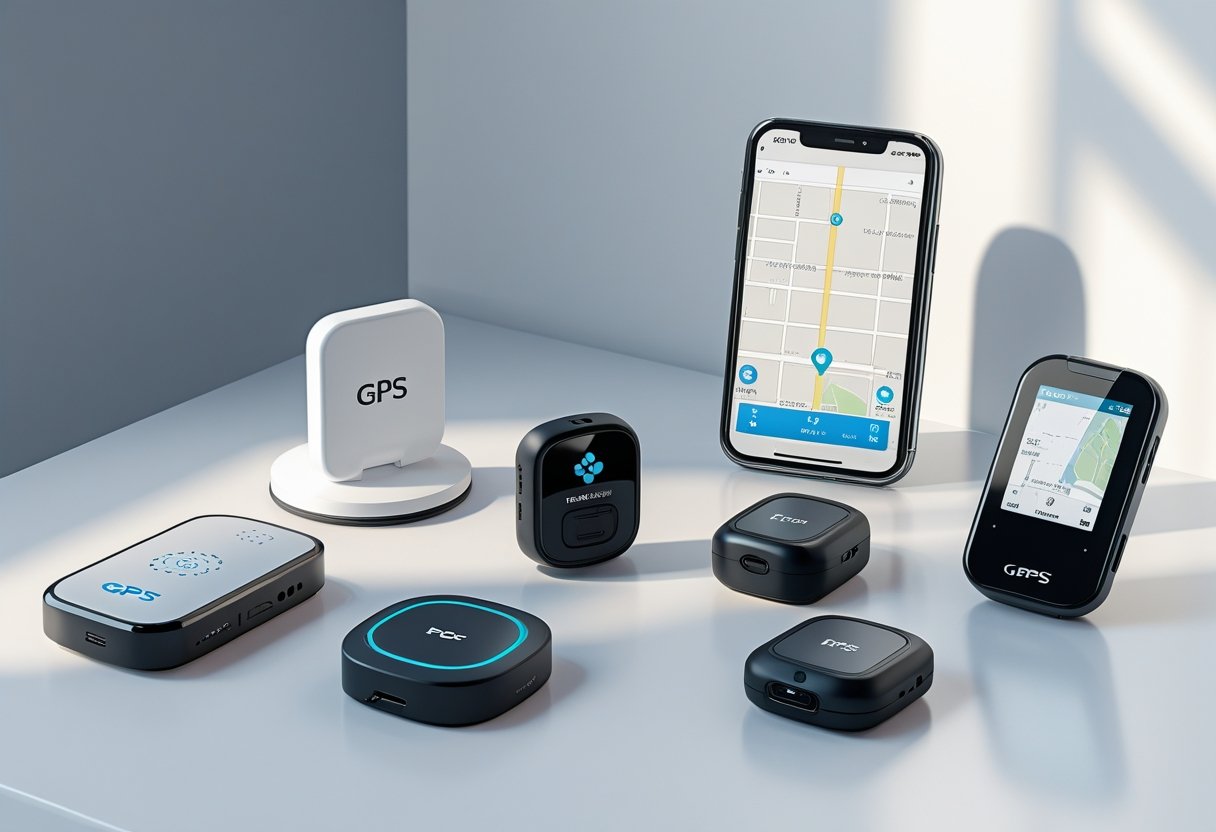 A collection of various GPS tracking devices displayed on a white surface, including wearable, vehicle, pet collar, and handheld units.