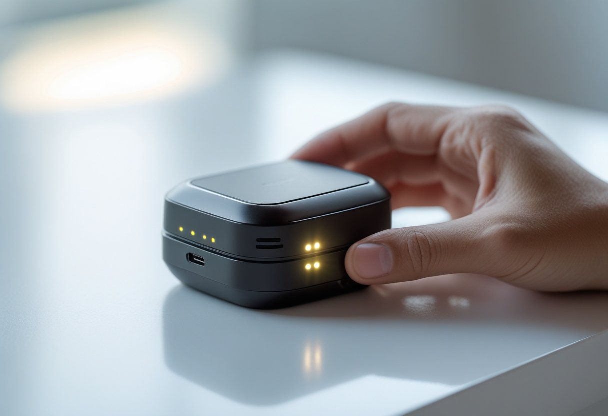 A small GPS tracking device held gently in a person's hand on a white background.