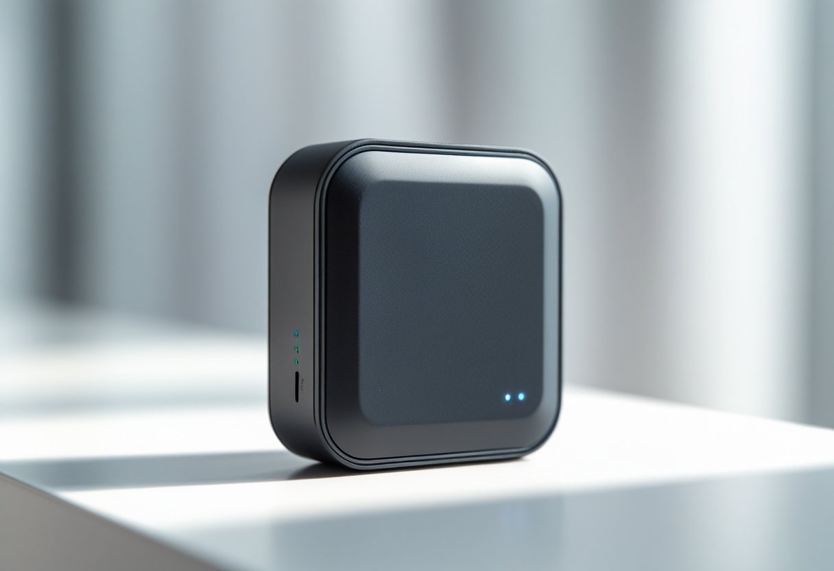 A small GPS tracking device resting on a white surface.