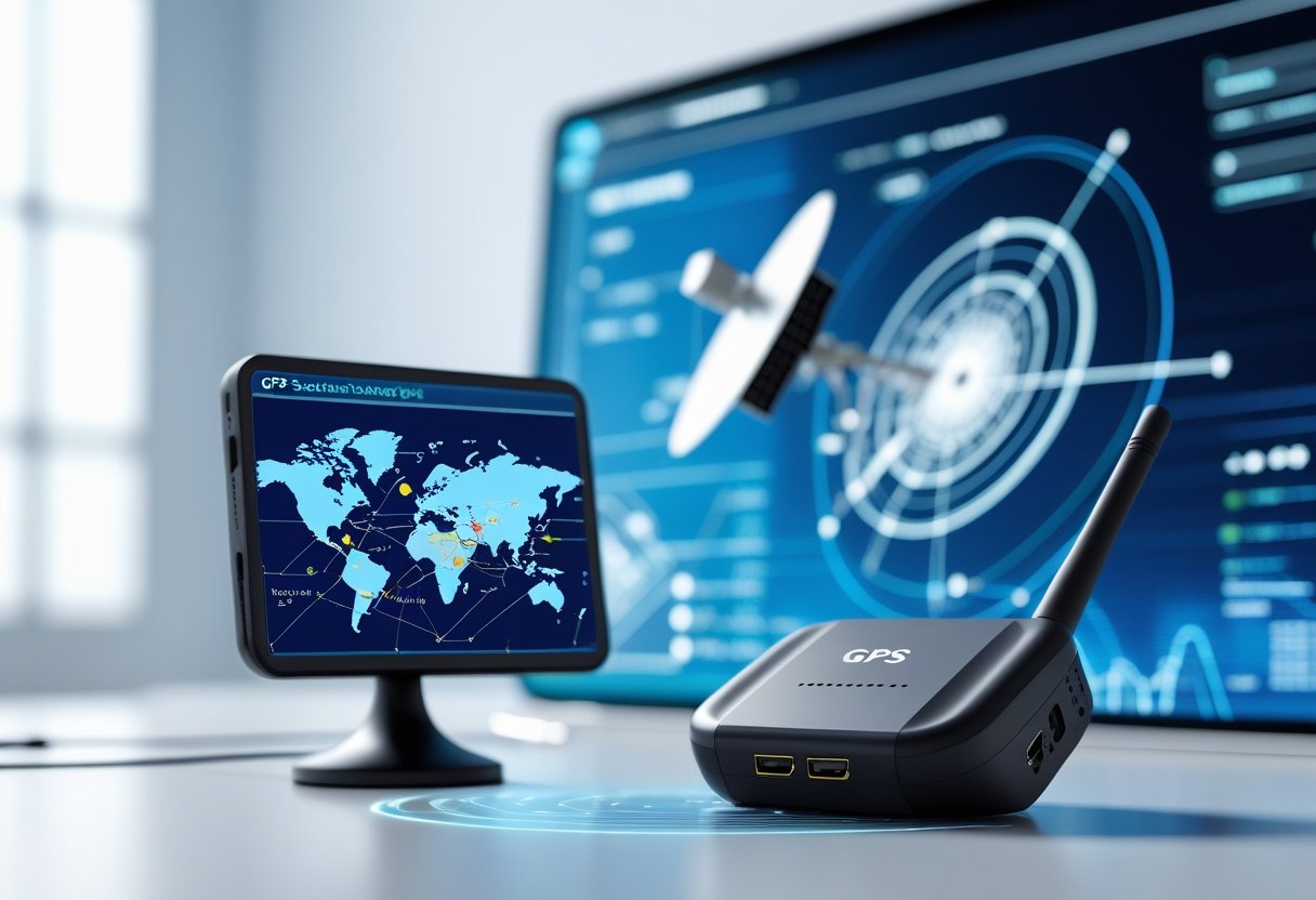 A GPS tracking device connected wirelessly to a satellite above, with a digital map showing routes and location pins in the background.