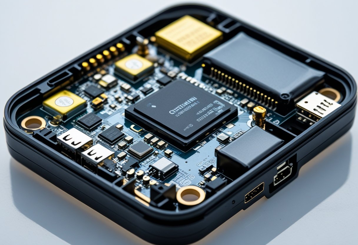 Close-up view of the inside of an opened GPS tracker showing its circuit board and key electronic components.