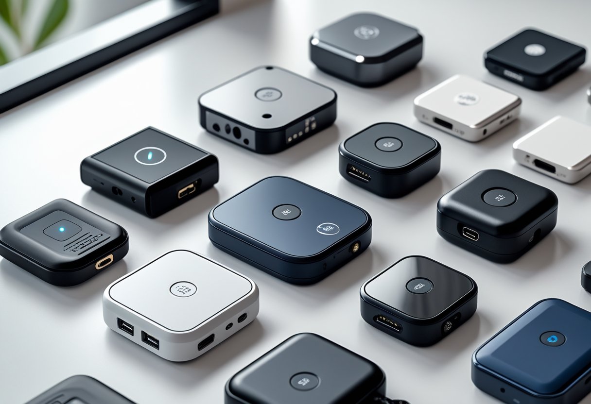 A collection of various small tracking devices arranged on a white surface.