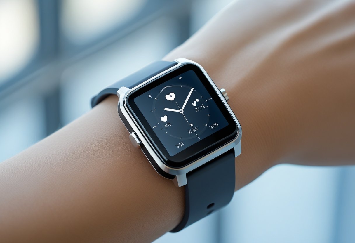 Close-up of a wrist wearing a modern personal tracker device with a digital display.