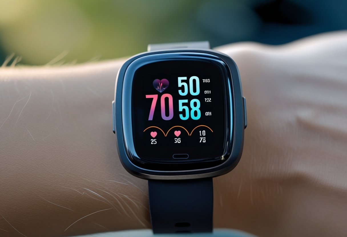 Close-up of a person's wrist wearing a modern fitness tracker displaying health metrics.