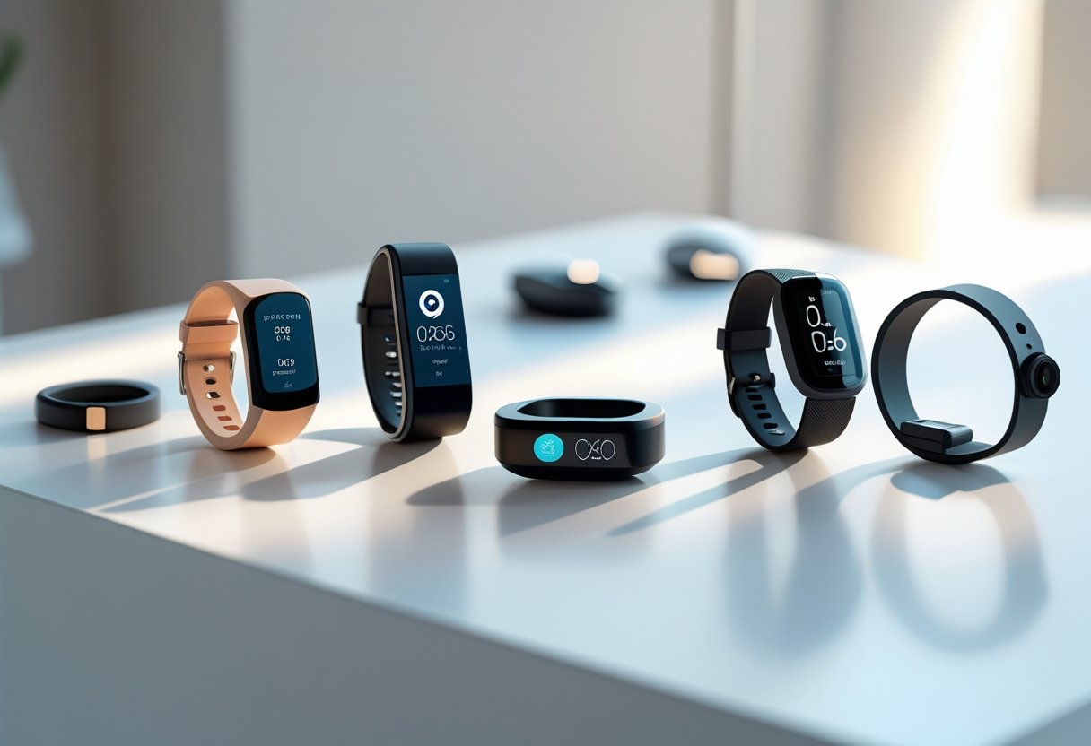 A collection of different personal tracking devices including a fitness tracker wristband, GPS tracker, smart ring, and health monitoring patch arranged on a clean surface.