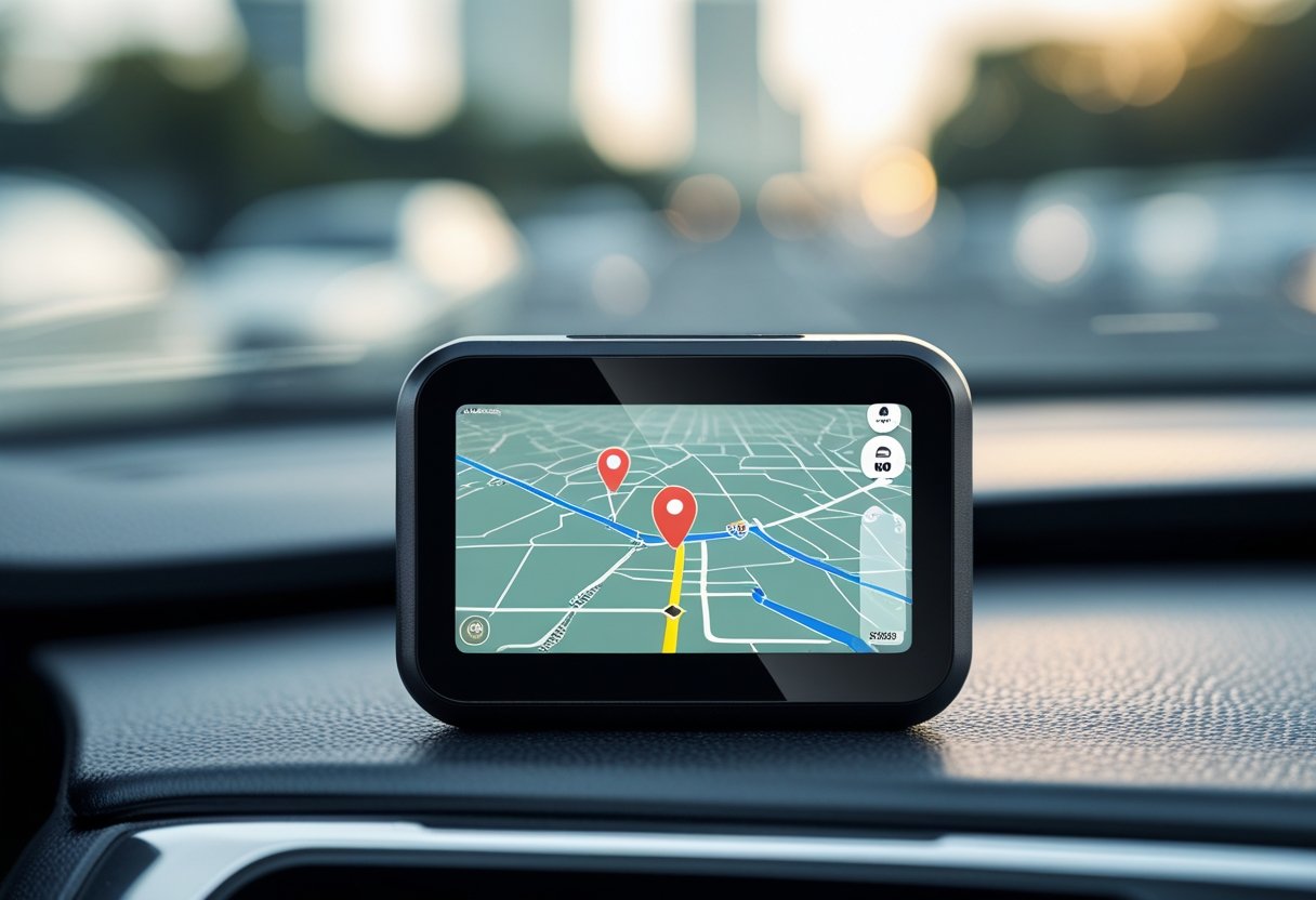 A GPS car tracker device on a car dashboard showing a digital map with a route, with a cityscape visible through the windshield.