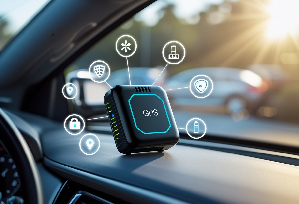 A GPS car tracker device placed on a car dashboard with icons representing GPS connectivity, security, real-time tracking, battery life, and smartphone integration around it.