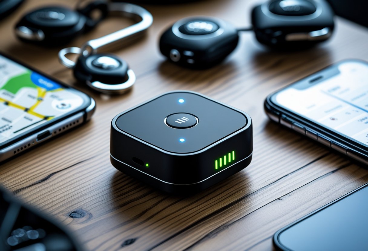 A GPS car tracker device on a wooden desk next to a car key and a smartphone showing a map with a location pin.