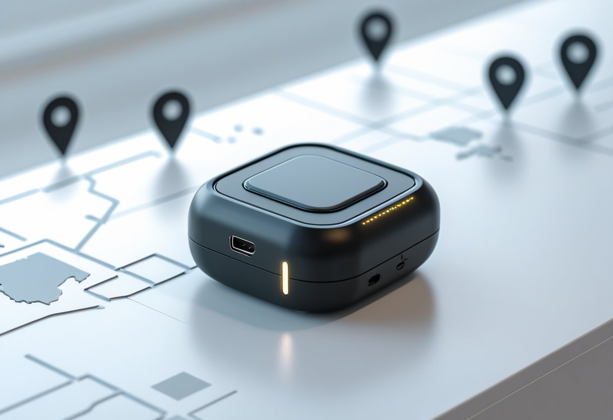 A small black mini GPS tracker device on a white surface with faint digital map icons in the background.