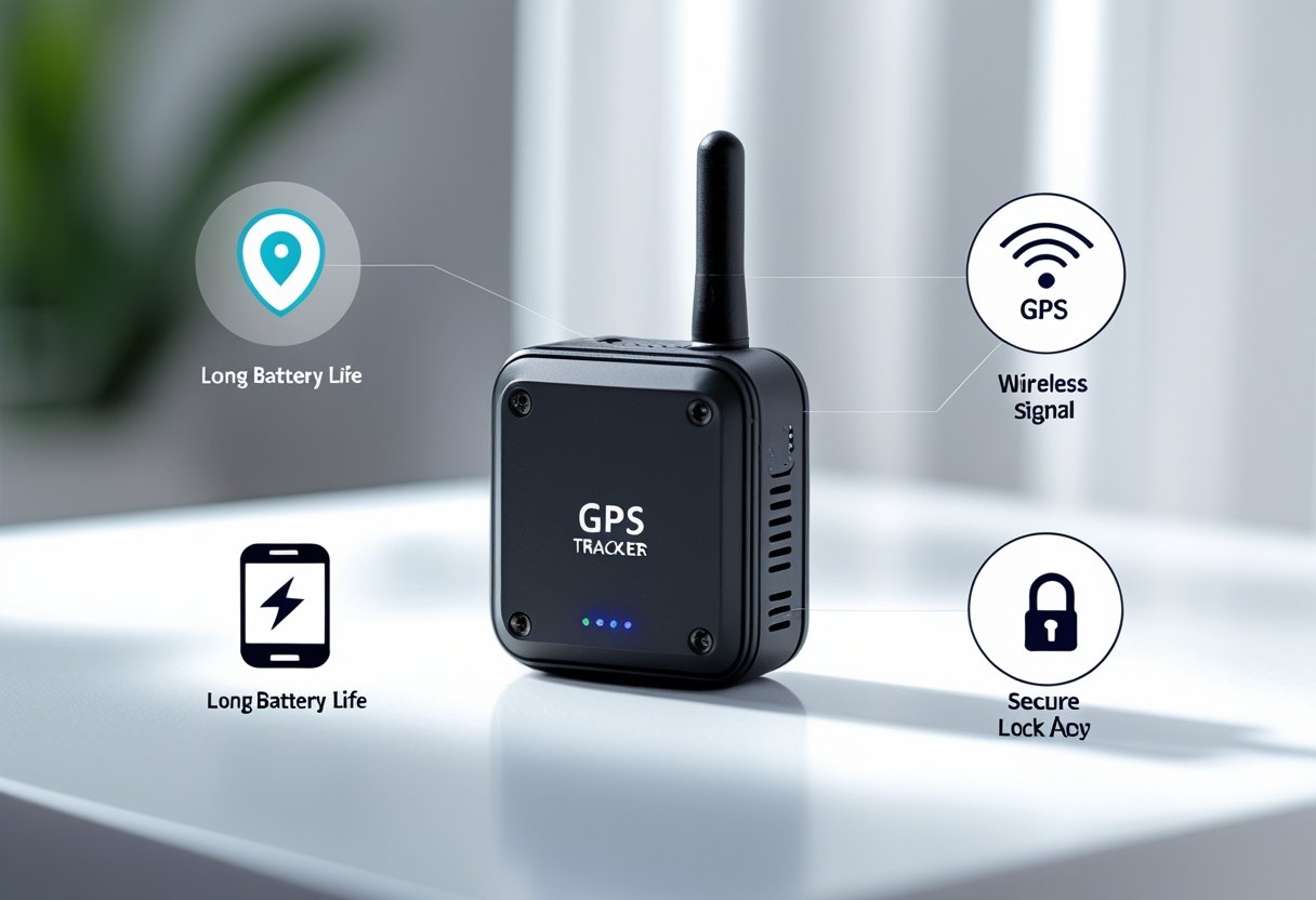 A small black mini GPS tracker device on a white surface with icons representing location tracking, battery life, wireless connectivity, and data security around it.