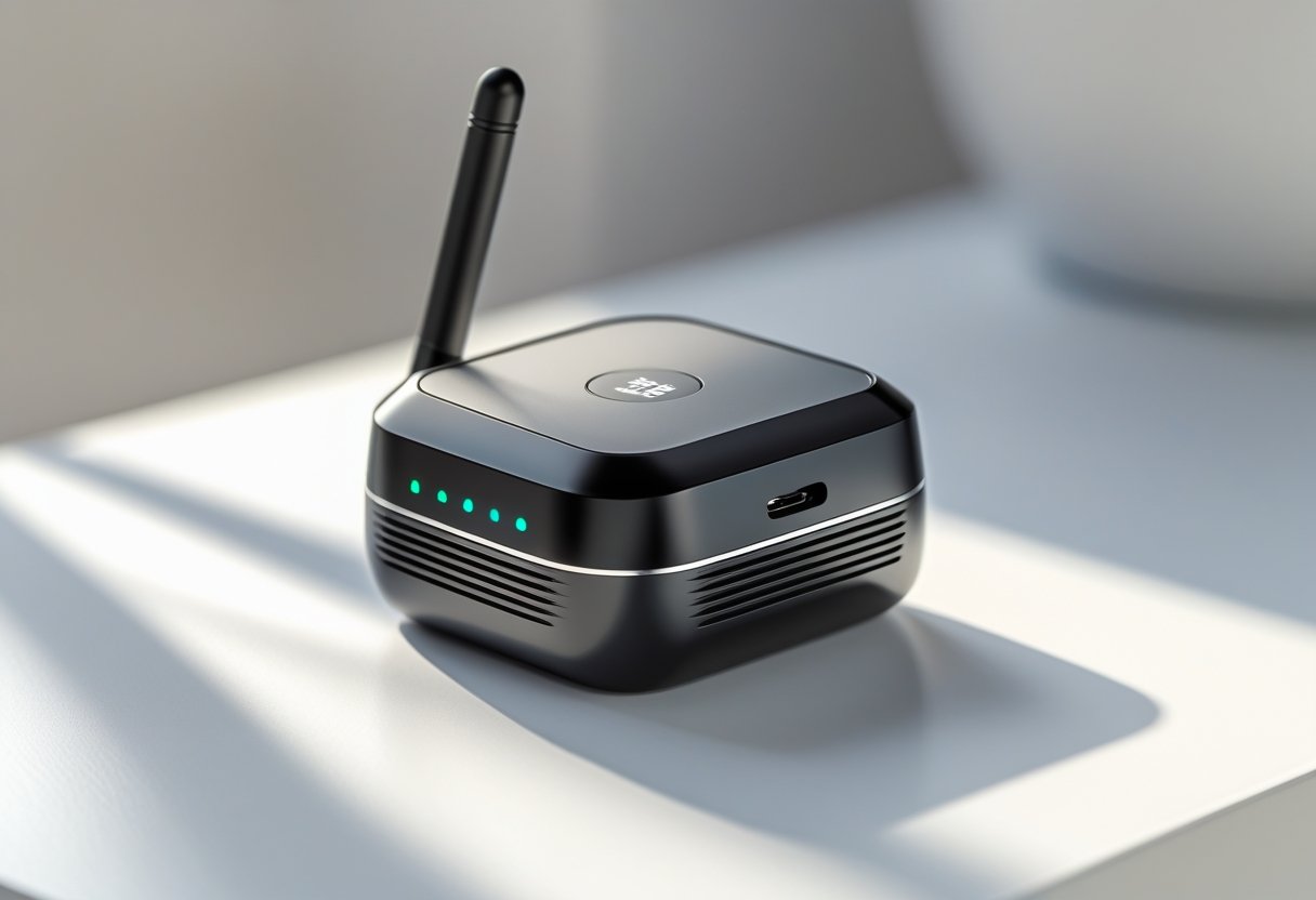 Close-up of a small, sleek GPS tracker device on a white surface.