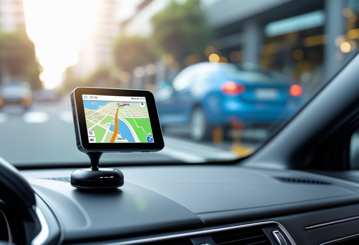 Car dashboard with a GPS tracking device showing a map and route on its screen inside a moving car.