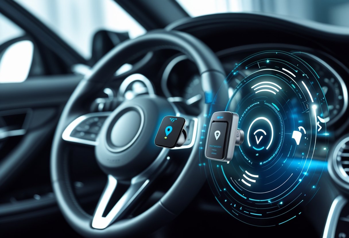 Close-up of a GPS car tracker device installed inside a car with digital icons showing GPS signals and connectivity.