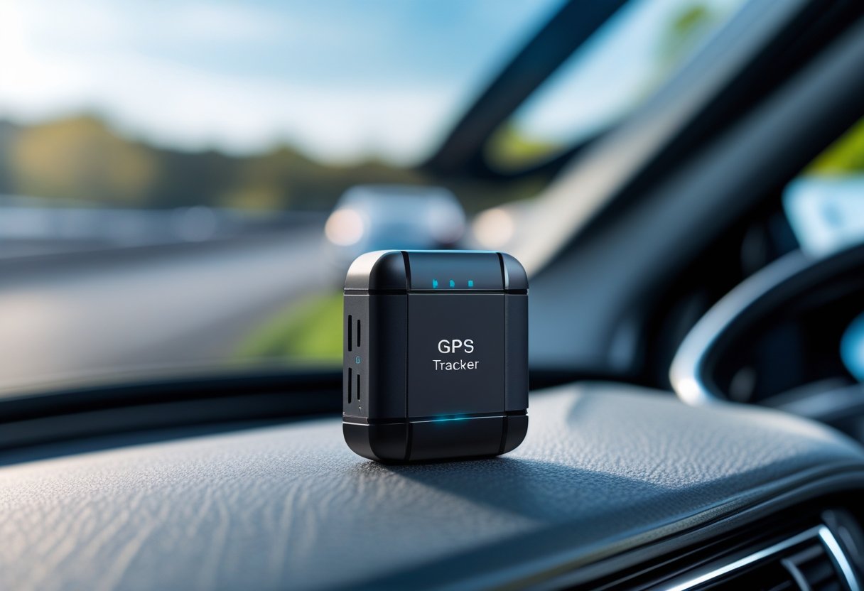 A small GPS tracker device placed on a car dashboard near the steering wheel inside a modern vehicle.
