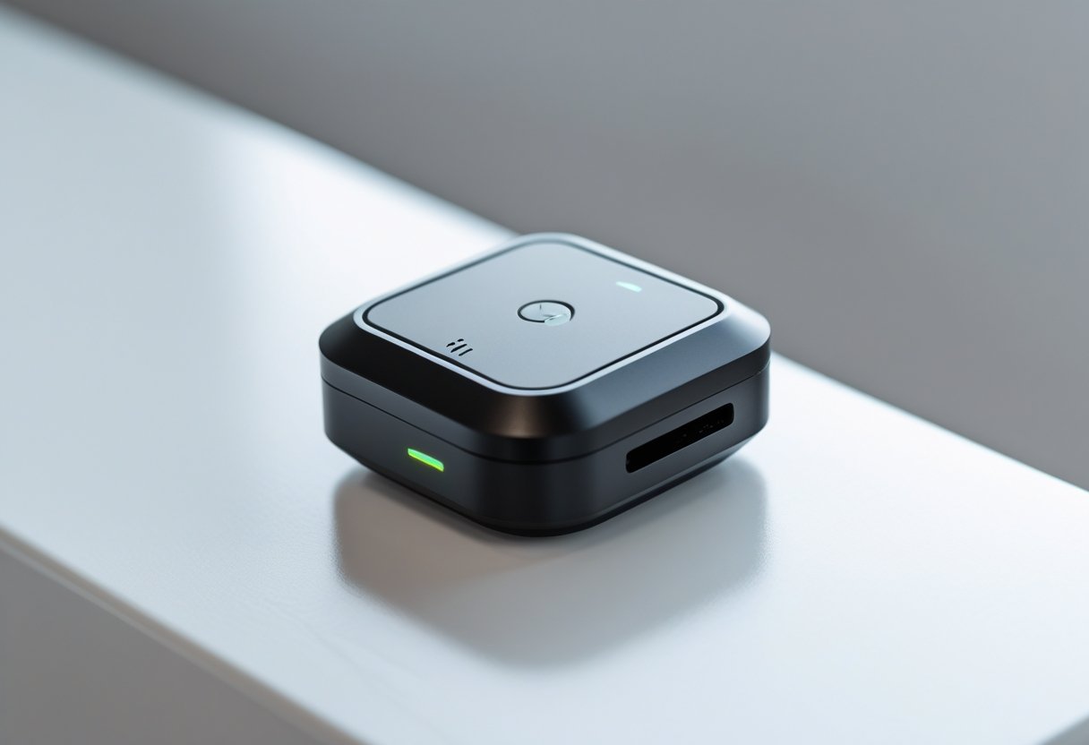 A small black GPS tracker for cars placed on a white surface with a blurred background.