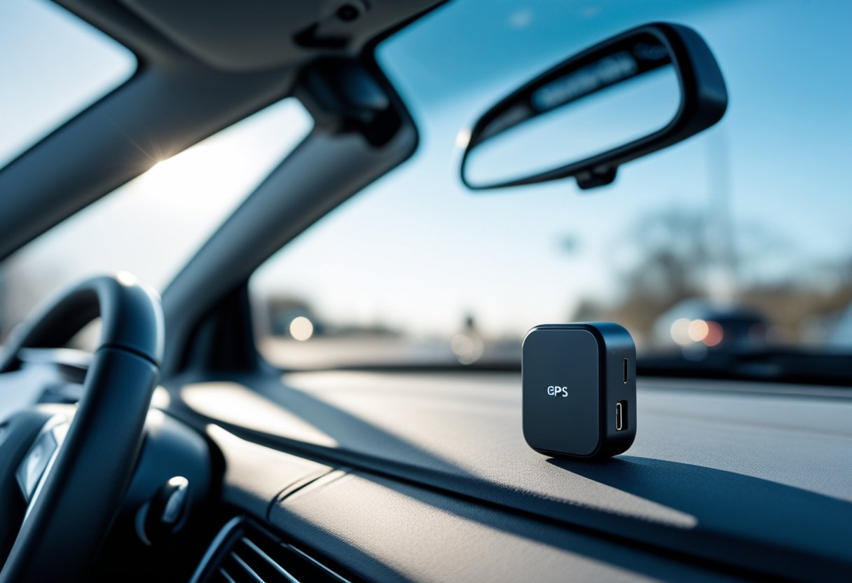 Small GPS tracker device placed on the dashboard inside a modern car with a clear view of the road ahead.
