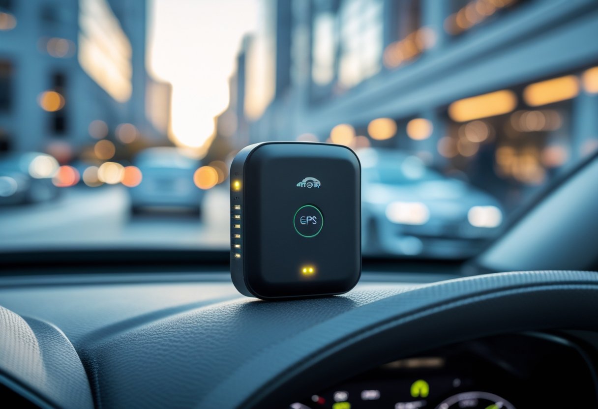 A small GPS auto tracker device placed on a car dashboard with a blurred city street visible through the windshield.
