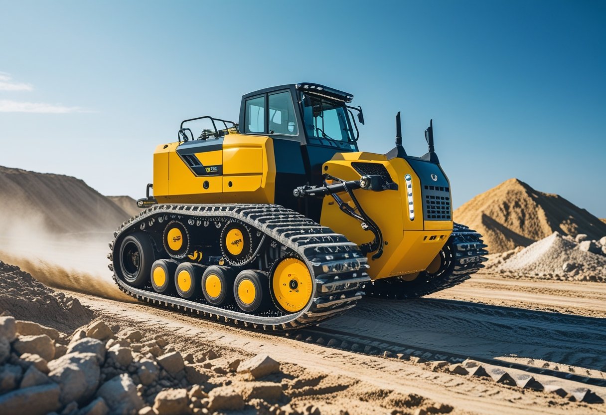 A modern track vehicle with heavy-duty tracks moving across a dusty construction site under a clear blue sky.