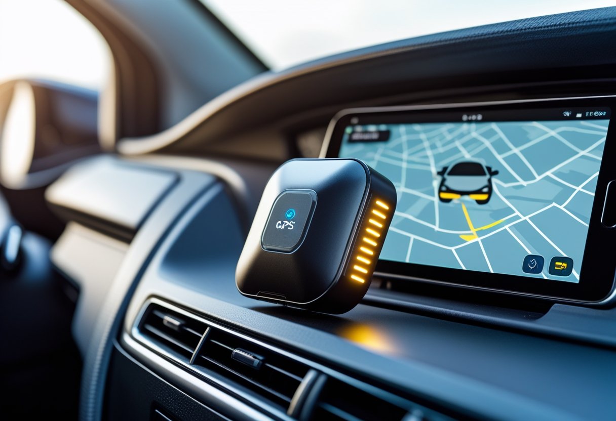A car GPS tracking device installed inside a vehicle dashboard with a smartphone showing a live map of the car's location.