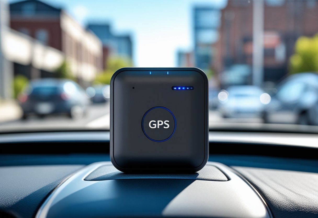 A compact car GPS tracker device placed on a car dashboard with a blurred urban street visible through the windshield.