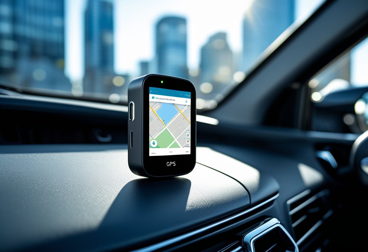 A compact GPS tracker device on the dashboard of a car with a blurred cityscape visible through the windows.