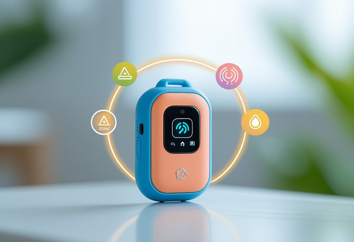 A small colorful GPS tracker for kids placed on a white surface with digital icons representing location tracking and safety features around it.