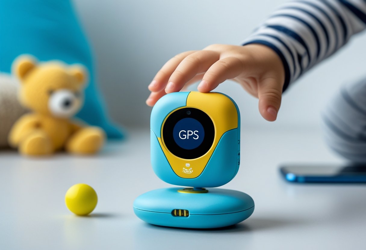 A small colorful GPS tracker for kids placed on a surface with a child's hand nearby and a blurred smartphone in the background.