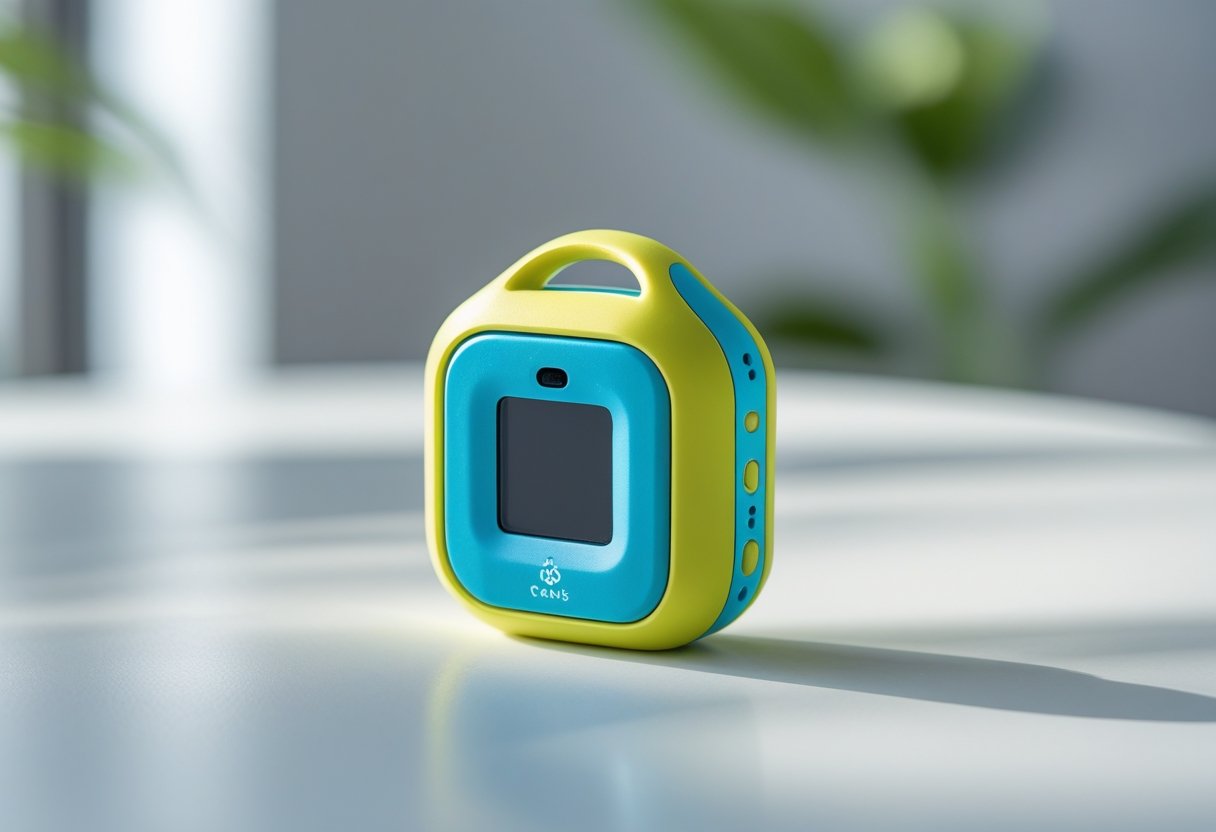A small colorful GPS tracker for kids placed on a white surface.