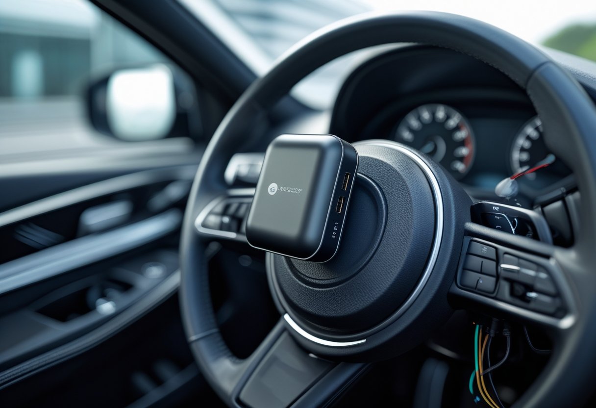 Close-up of a vehicle tracking device installed inside a car near the dashboard and steering wheel.