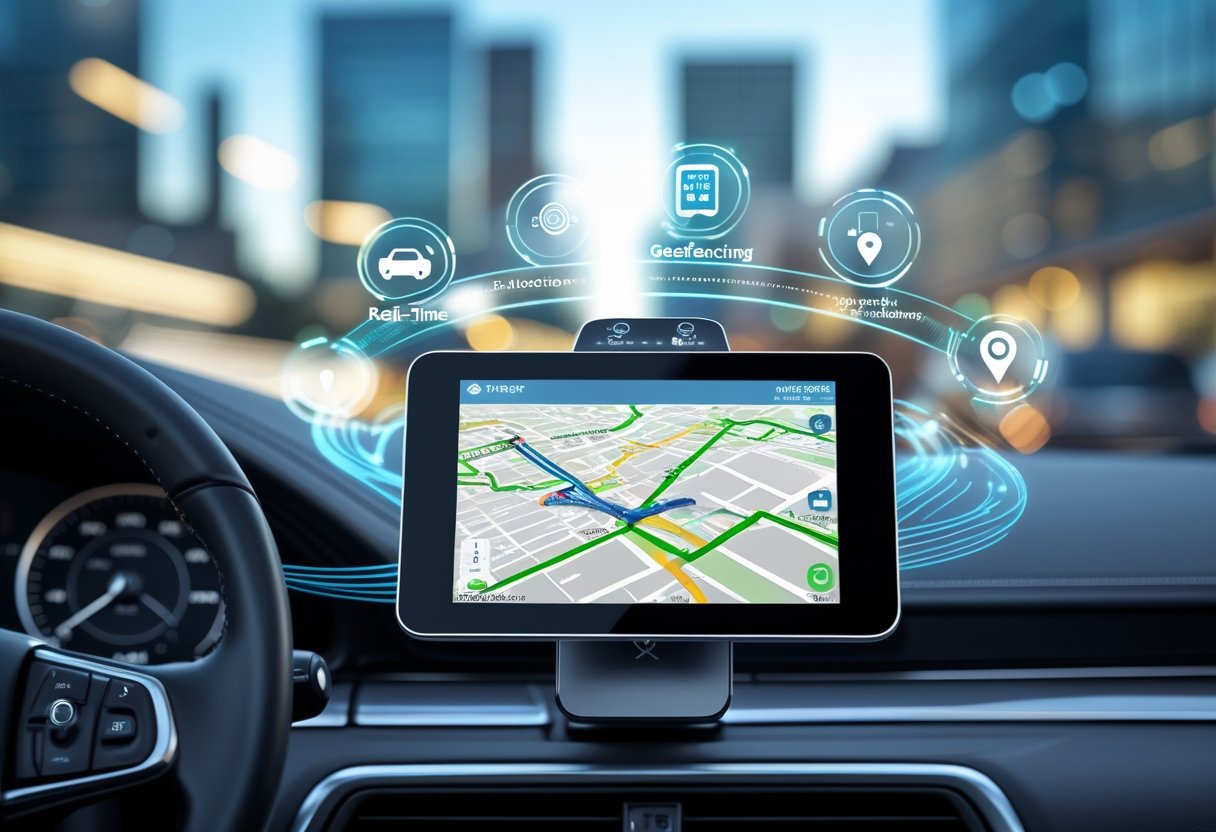 A car dashboard with a GPS tracking device showing a digital map and icons representing vehicle tracking features.